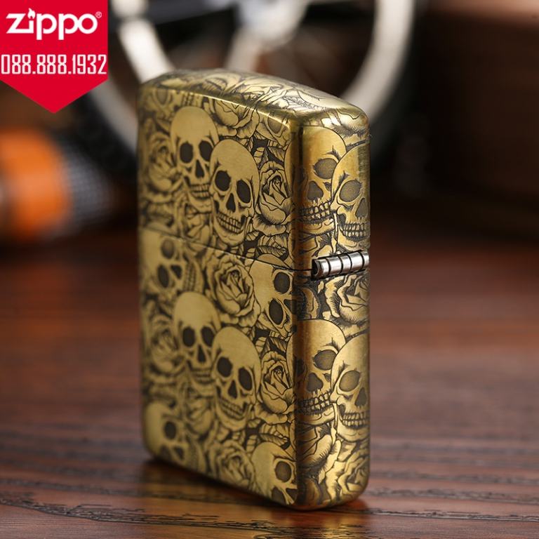 Zippo Chính Hãng Đồng Khắc 5 Năm Mặt Đầu Lâu Hoa Hồng Vỏ Dày Armor
