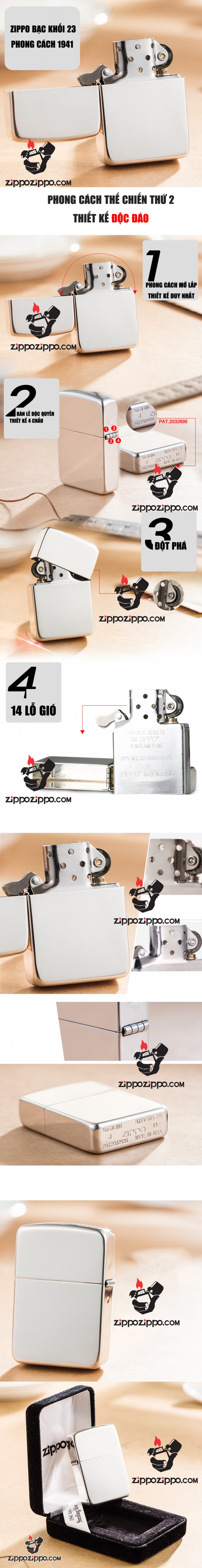 Zippo 23 - Bật lửa zippo chính hãng bạc trơn nguyên khối  phiên bản 1941