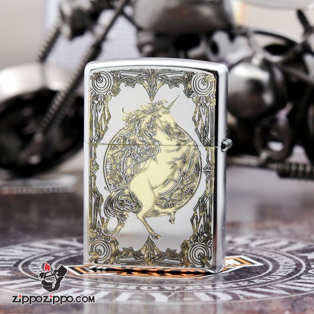 Bật Lửa Zippo Phiên Bản Hàn Quốc Khắc Họa Tiết Kỳ Lân Bản Chrome
