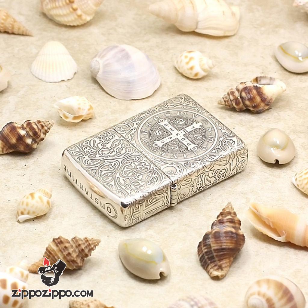 Bật Lửa Zippo Bạc nguyên khối Cao Cấp khắc hình  Nổi Constantine