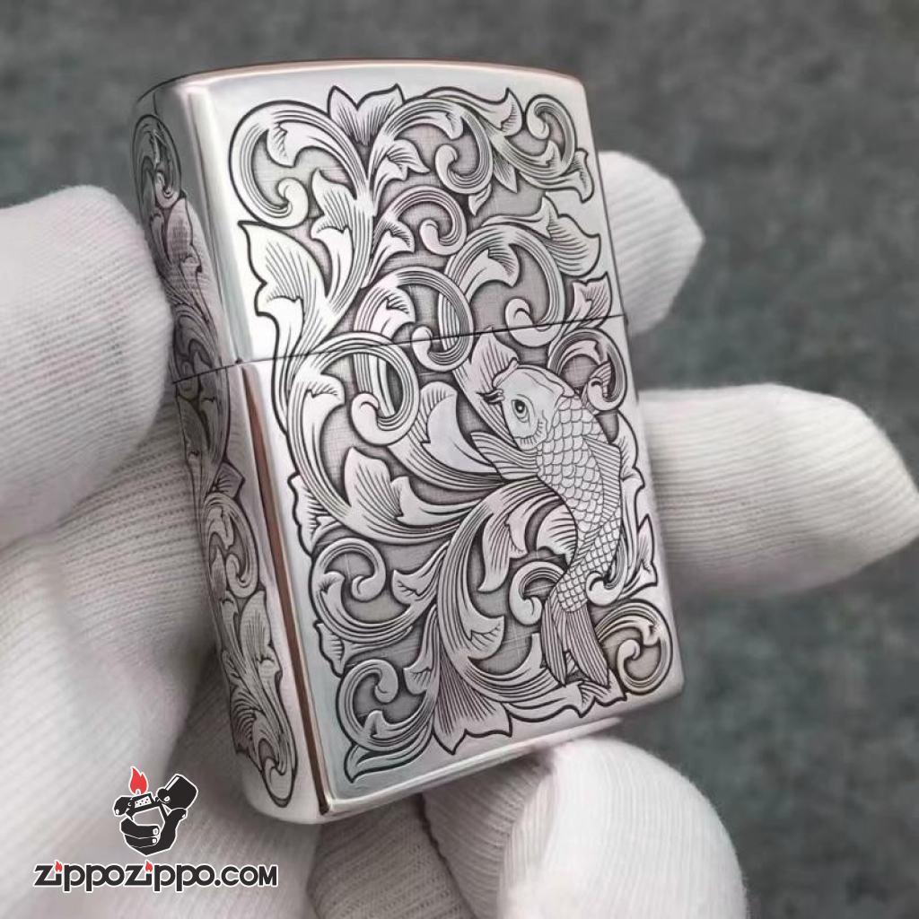 Bật Lửa Zippo Bạc Nguyên Khối Cao Cấp Khắc Cá Chép Vỏ Dầy Bản  Armor