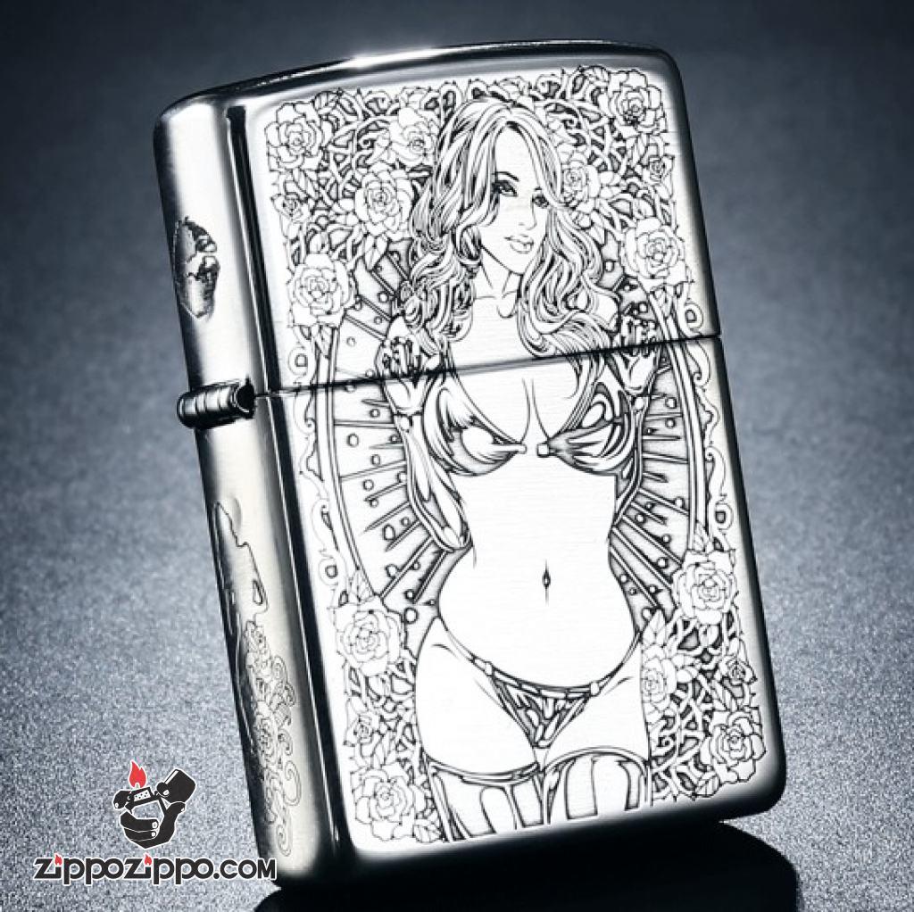 Bật Lửa Zippo Bạc Nguyên Khối Cao Cấp Khắc Chạm Khắc  Khắc Hình Cô Gái Sexy Vỏ Dầy Bản Armor