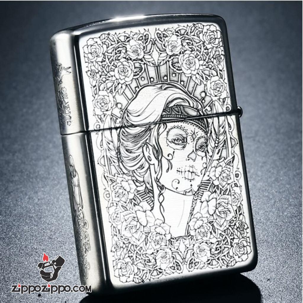 Bật Lửa Zippo Bạc Nguyên Khối Cao Cấp Khắc Chạm Khắc  Khắc Hình Cô Gái Sexy Vỏ Dầy Bản Armor