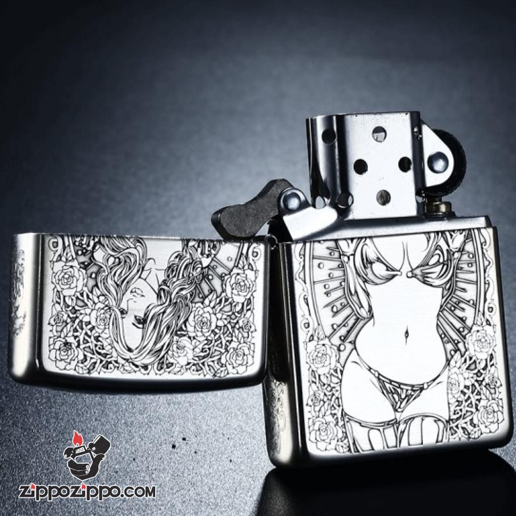 Bật Lửa Zippo Bạc Nguyên Khối Cao Cấp Khắc Chạm Khắc  Khắc Hình Cô Gái Sexy Vỏ Dầy Bản Armor
