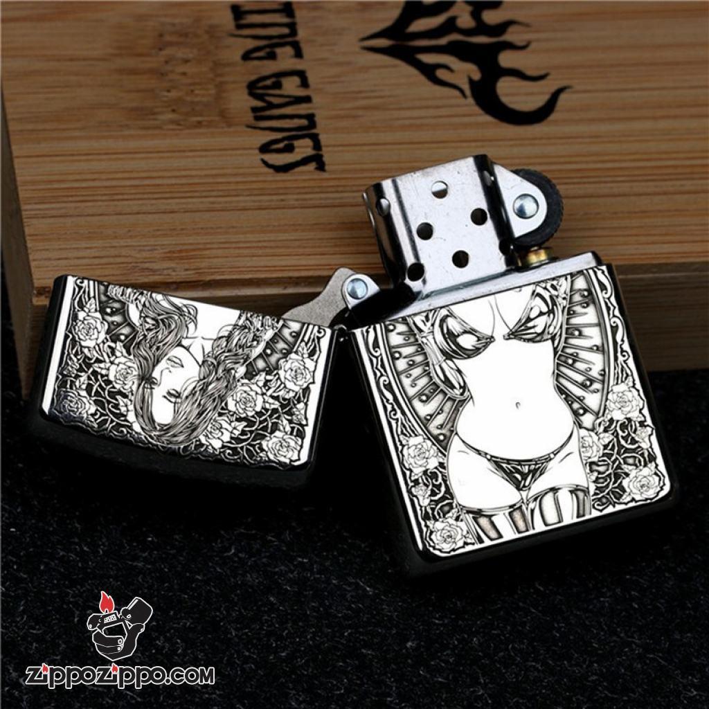 Bật Lửa Zippo Bạc Nguyên Khối Cao Cấp Khắc Chạm Khắc  Khắc Hình Cô Gái Sexy Vỏ Dầy Bản Armor