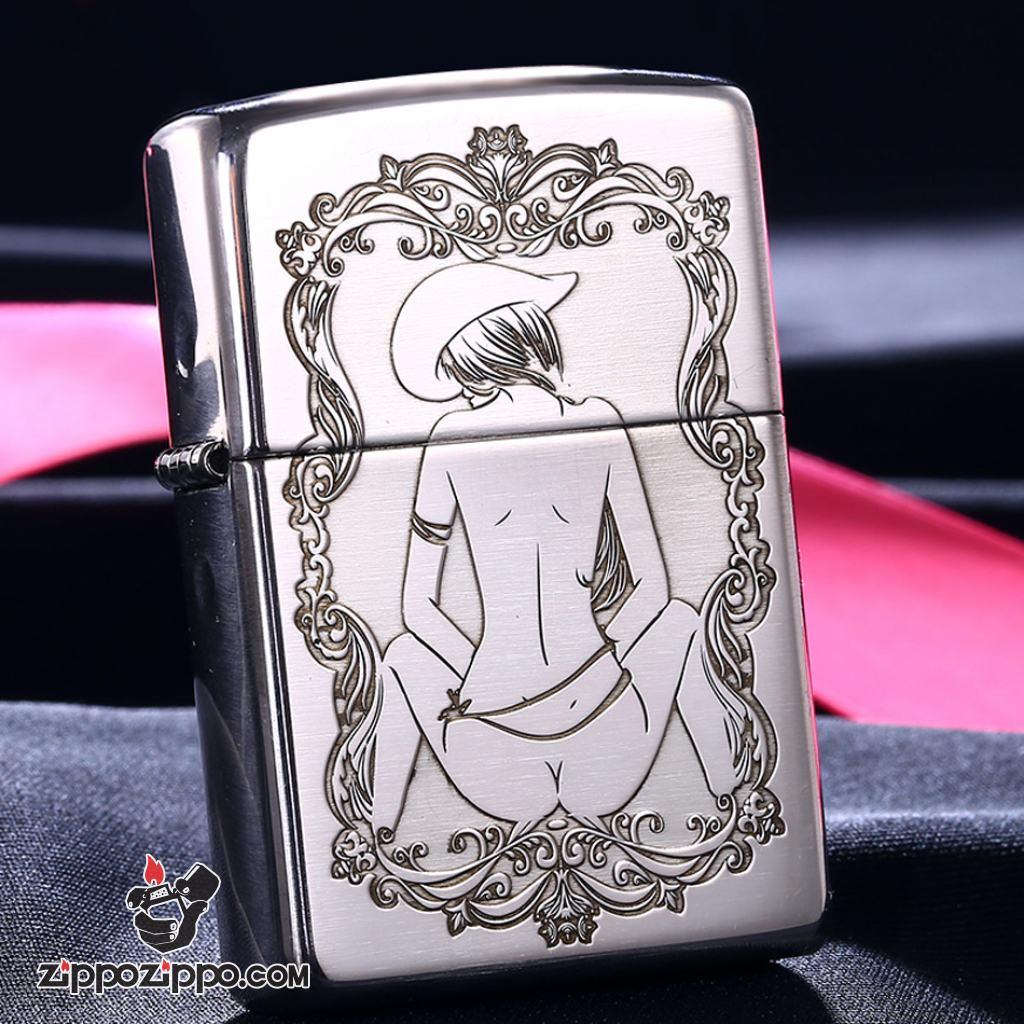 Bật Lửa Zippo Bạc Nguyên Khối Cao Cấp Khắc  Khắc Cô Gái Cao Bồi Gợi Cảm Vỏ Dầy Bản Armor