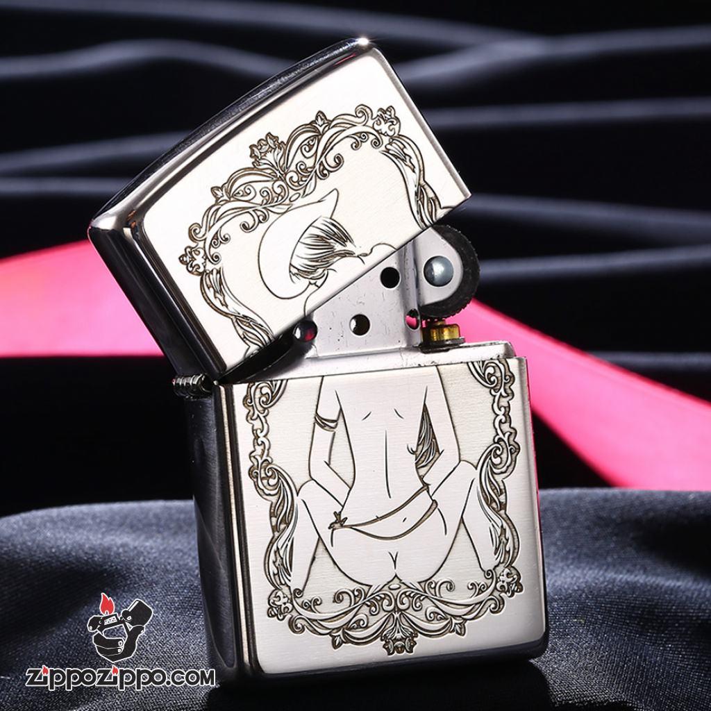Bật Lửa Zippo Bạc Nguyên Khối Cao Cấp Khắc  Khắc Cô Gái Cao Bồi Gợi Cảm Vỏ Dầy Bản Armor