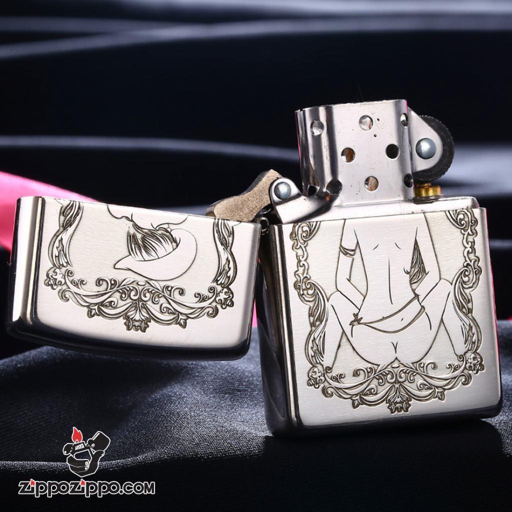 Bật Lửa Zippo Bạc Nguyên Khối Cao Cấp Khắc  Khắc Cô Gái Cao Bồi Gợi Cảm Vỏ Dầy Bản Armor
