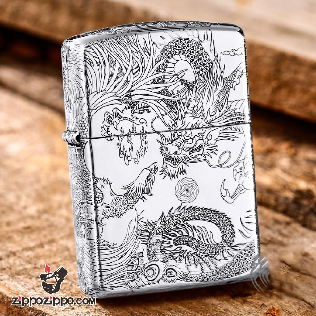 Bật Lửa Zippo Bạc Nguyên Khối Cao Cấp Chạm Khắc Long Phụng Chanh Đấu Vỏ Dầy Bản Armor