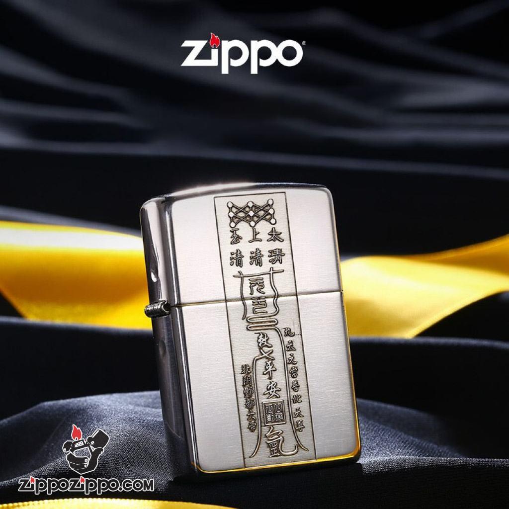 Bật lửa Zippo Bạc Nguyên Khối Cao Cấp Khắc Linh Phù Tài Lộc Bản Vỏ Mỏng