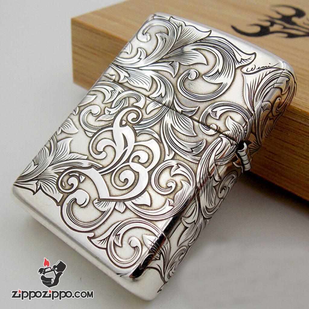 Bật lửa Zippo Bạc Nguyên Khối Cao Cấp Khắc Hoa Văn Tình Yêu Cẩm Chướng Bản Vỏ Mỏng
