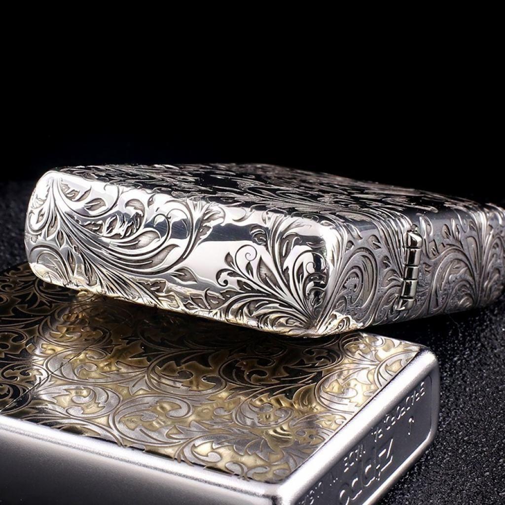 Bật Lửa Zippo Bạc Nguyên Khối Cao Cấp Khắc Hoa Văn Tình Yêu Hoa Elf Vỏ  Dầy Bản Armor