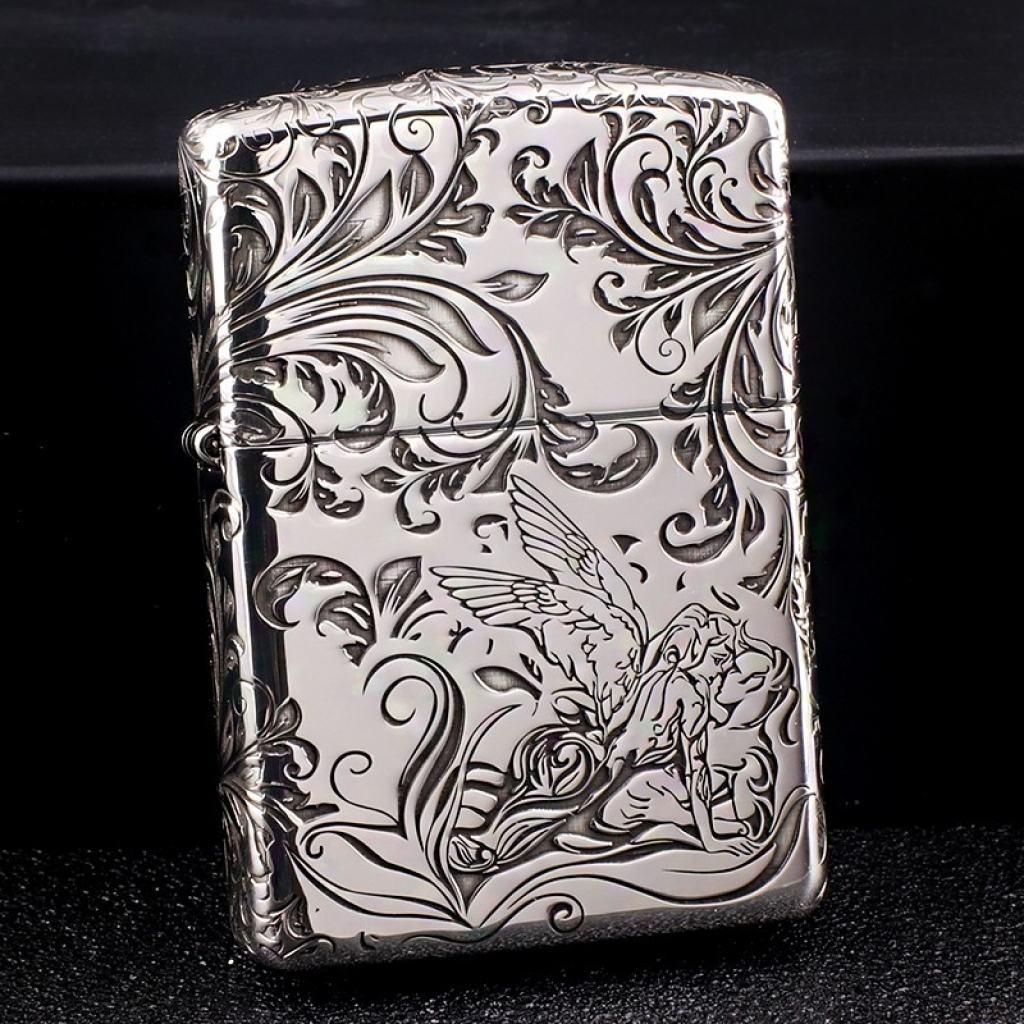 Bật Lửa Zippo Bạc Nguyên Khối Cao Cấp Khắc Hoa Văn Tình Yêu Hoa Elf Vỏ  Dầy Bản Armor