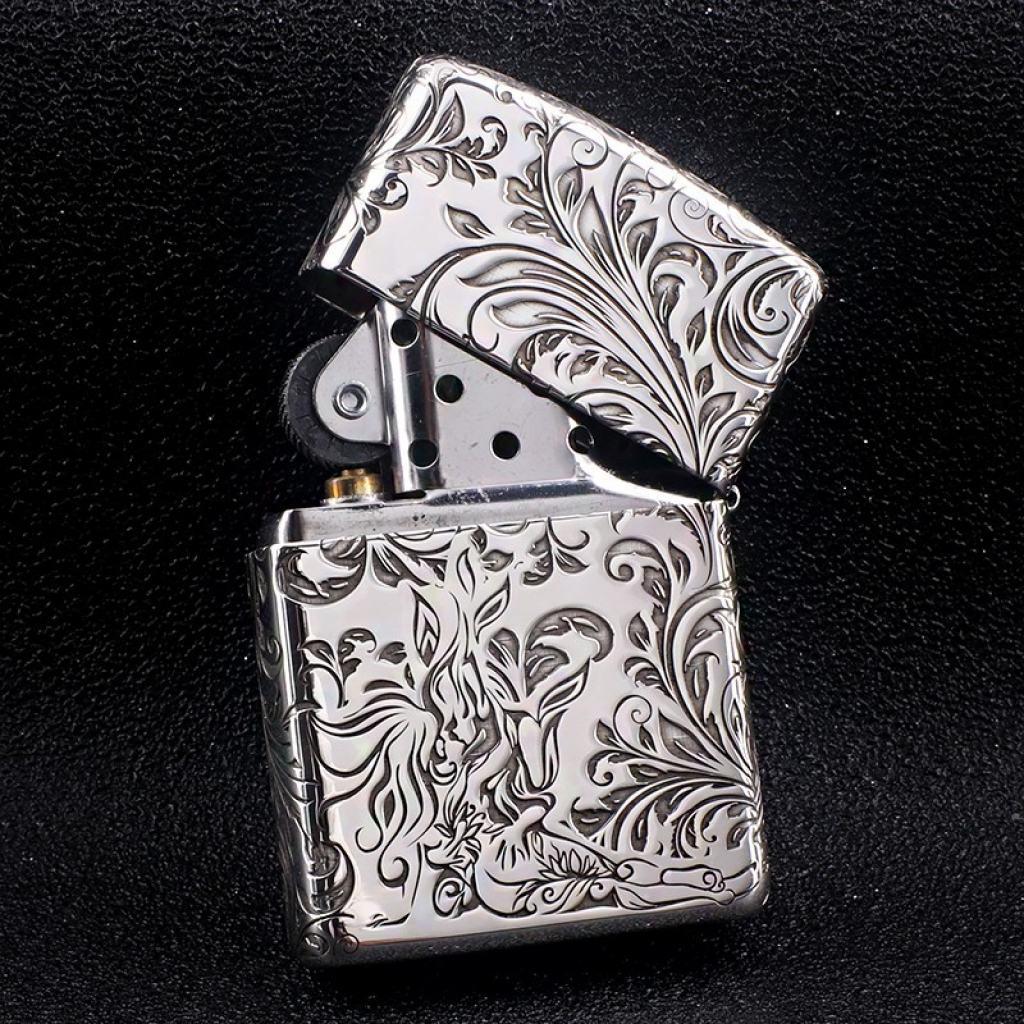 Bật Lửa Zippo Bạc Nguyên Khối Cao Cấp Khắc Hoa Văn Tình Yêu Hoa Elf Vỏ  Dầy Bản Armor