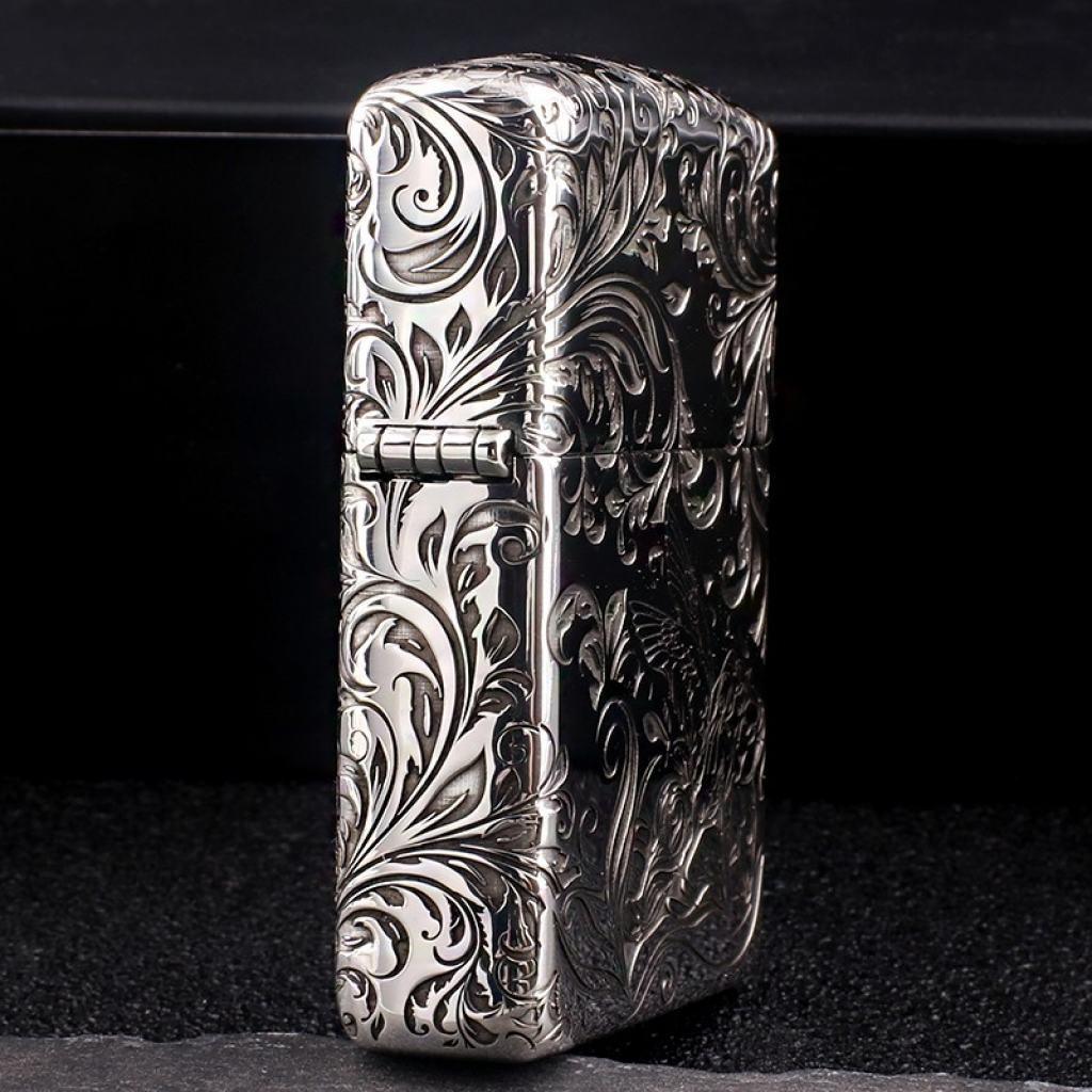 Bật Lửa Zippo Bạc Nguyên Khối Cao Cấp Khắc Hoa Văn Tình Yêu Hoa Elf Vỏ  Dầy Bản Armor