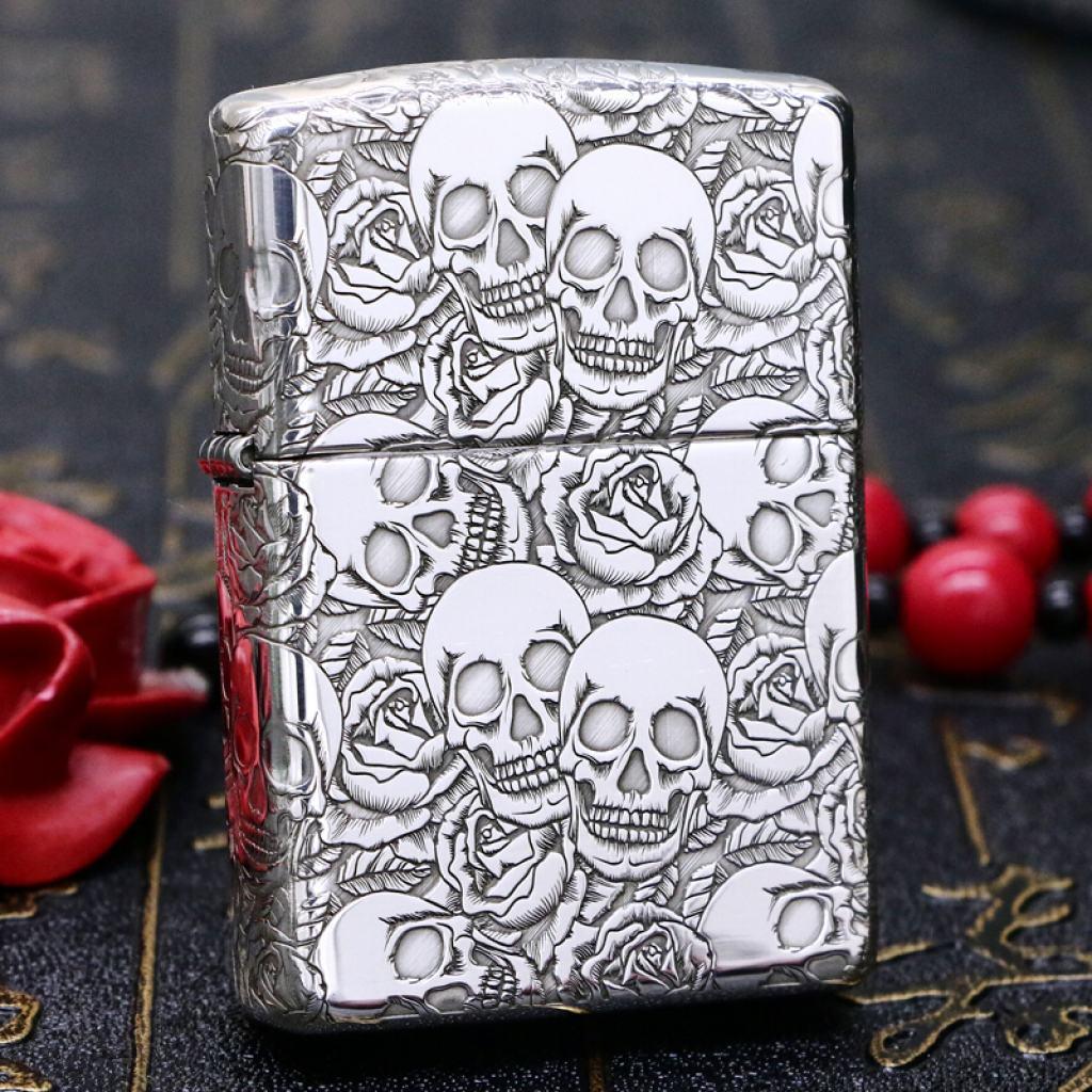 Bật Lửa Zippo Bạc Nguyên Khối Cao Cấp Khắc  Năm Mặt Đầu Lâu Hoa Hồng Vỏ Dày Armor