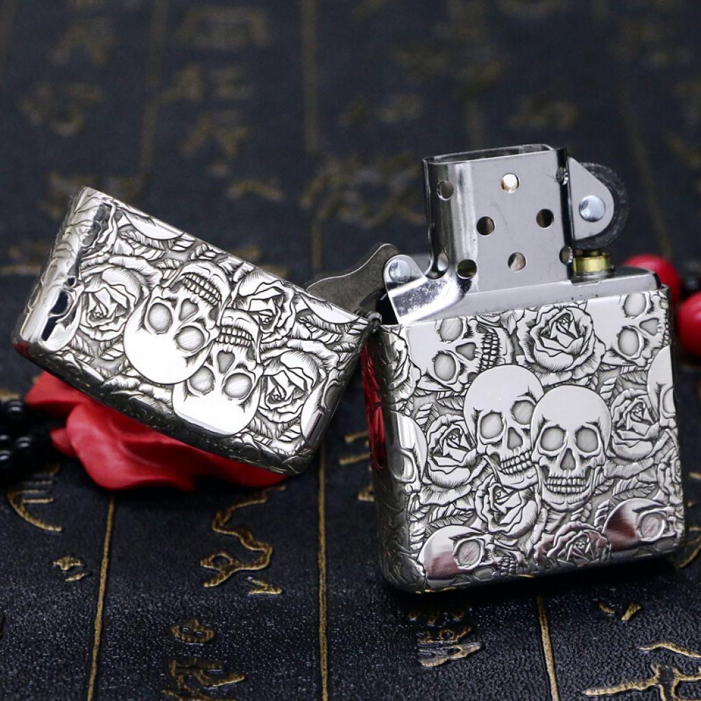 Bật Lửa Zippo Bạc Nguyên Khối Cao Cấp Khắc  Năm Mặt Đầu Lâu Hoa Hồng Vỏ Dày Armor