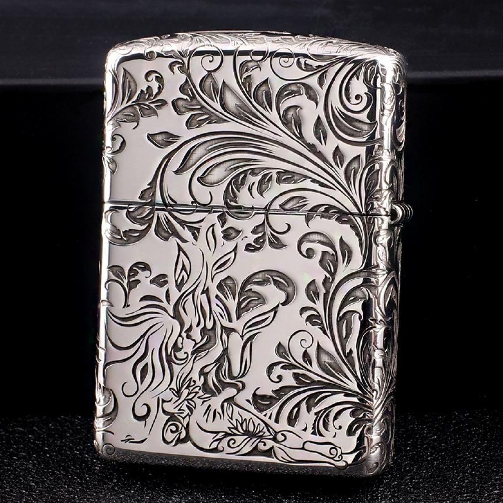 Bật Lửa Zippo Bạc Nguyên Khối Cao Cấp Khắc Hoa Văn Tình Yêu Hoa Elf Vỏ  Dầy Bản Armor