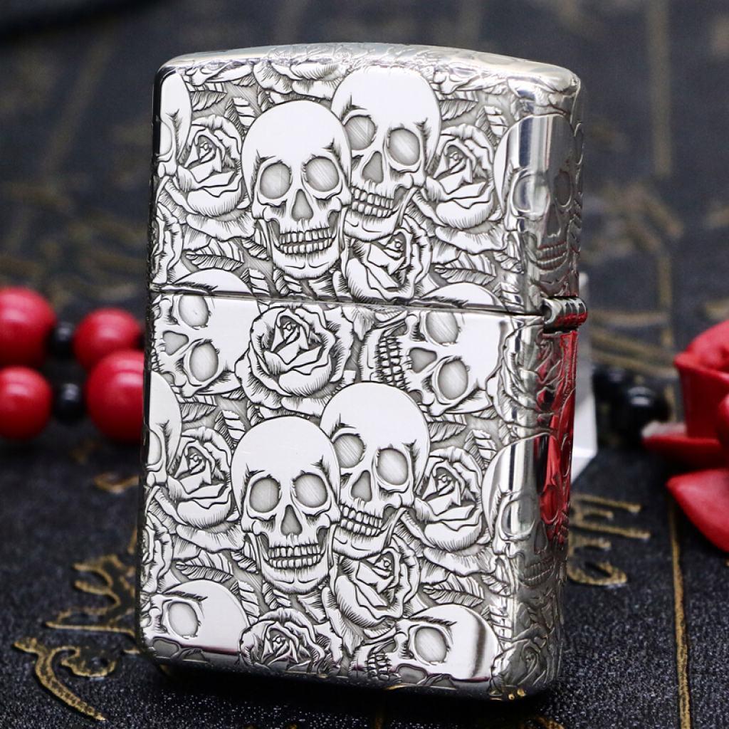 Bật Lửa Zippo Bạc Nguyên Khối Cao Cấp Khắc Năm Mặt Đầu Lâu Hoa Hồng Vỏ Mỏng