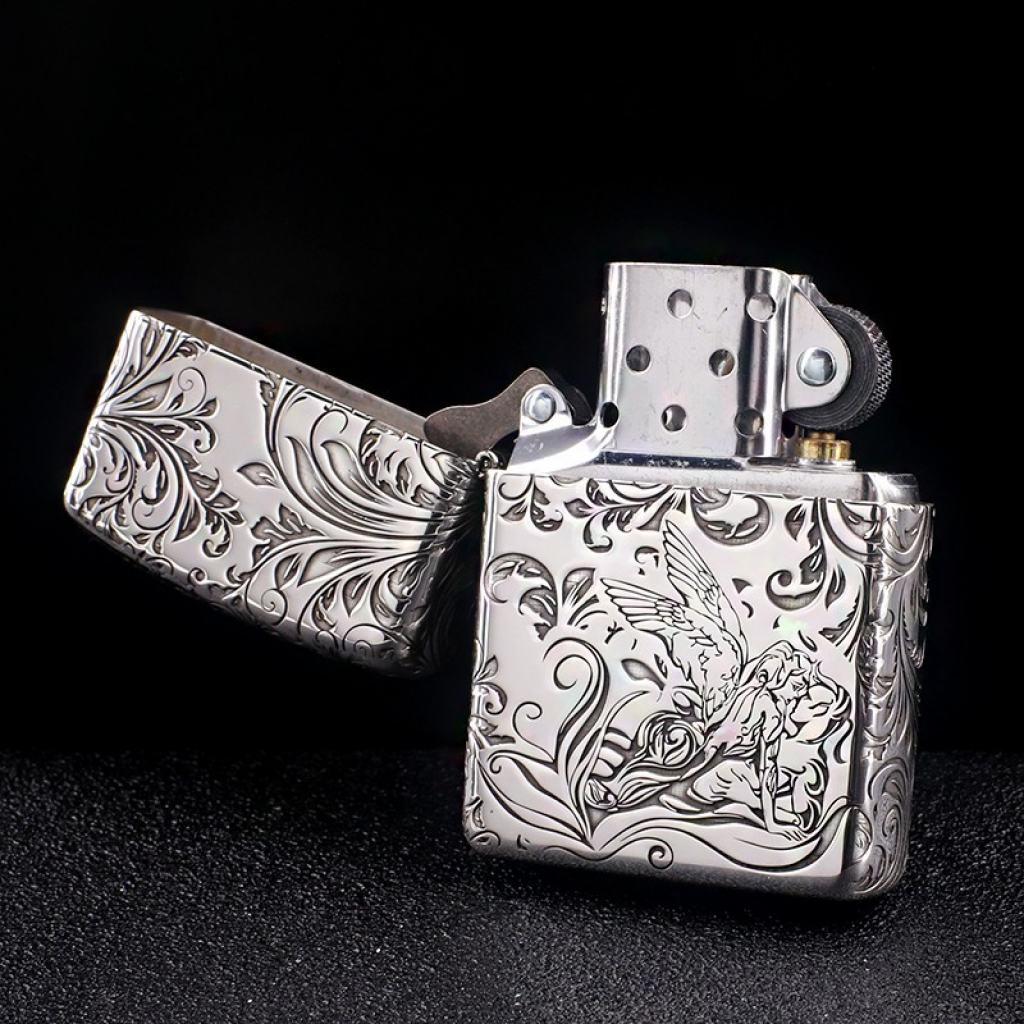 Bật Lửa Zippo Bạc Nguyên Khối Cao Cấp Khắc Hoa Văn Tình Yêu Hoa Elf Vỏ  Dầy Bản Armor