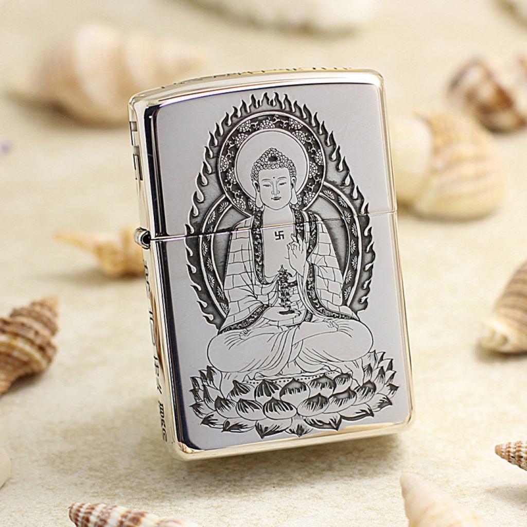 Bật Lửa Zippo Bạc Nguyên Khối Khắc Đức Phật Thích Ca Mâu Ni Bản Vỏ Dầy Armor