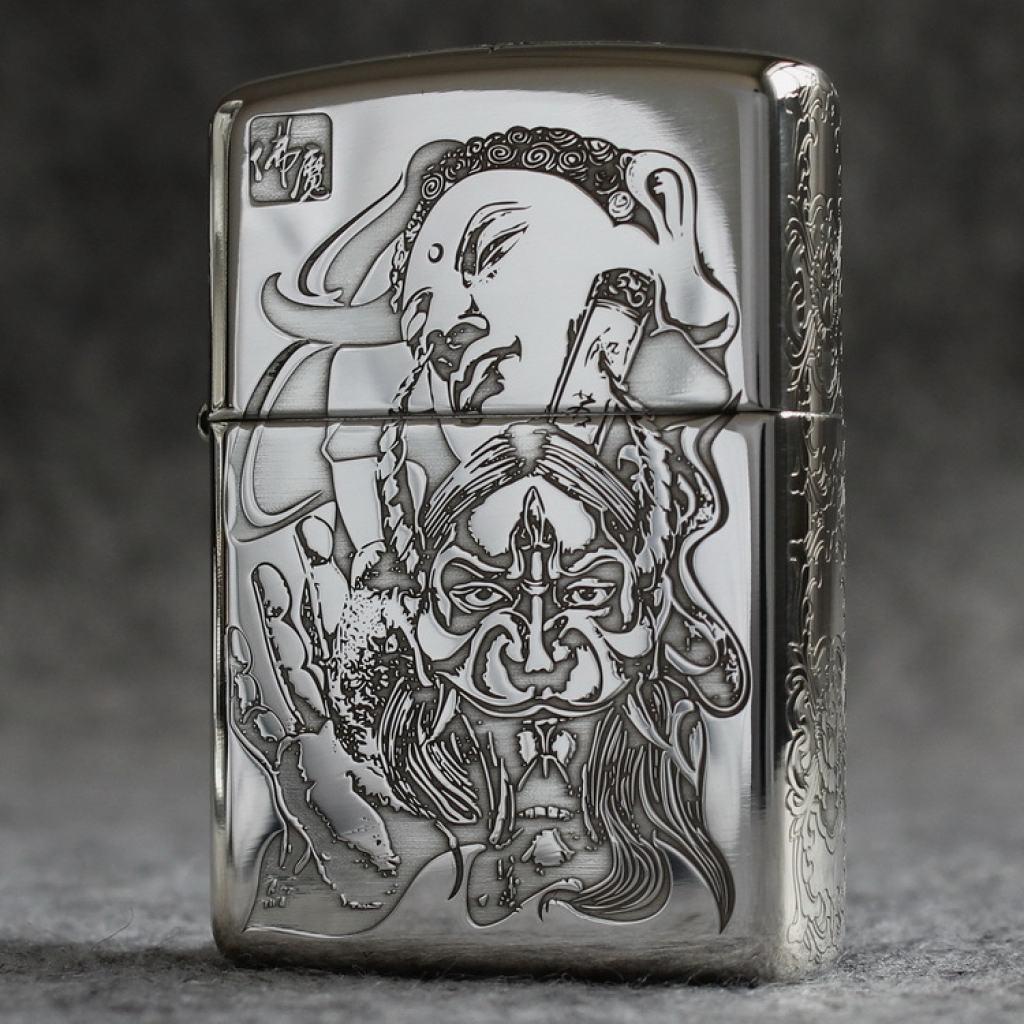 Bật Lửa Zippo Bạc Khối Cao Cấp Khắc Hình Đức Phật Và Ác Quỷ Bản Vỏ Mỏng
