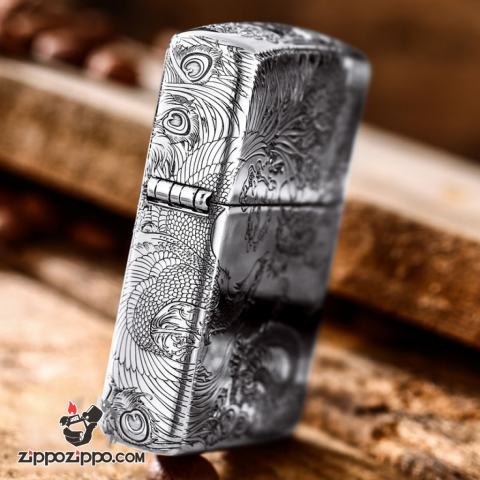 Bật Lửa Zippo Bạc Nguyên Khối Cao Cấp Chạm Khắc Long Phụng Chanh Đấu Vỏ Dầy Bản Armor