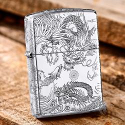 Bật Lửa Zippo Bạc Nguyên Khối Cao Cấp Chạm Khắc Long Phụng Chanh Đấu Vỏ Dầy Bản Armor - Mã SP: ZPC2862-A