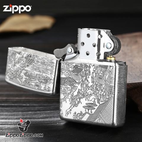 Bật lửa Zippo Bạc nguyên khối cao cấp khắc Hình Bức Tranh Cổ Bản Tiêu Chuẩn.