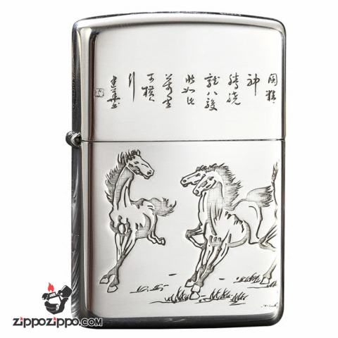 Bật Lửa Zippo Chính Hãng Bạc Khối Khắc Tranh Bát Mã Truy Phong Bản Armor.