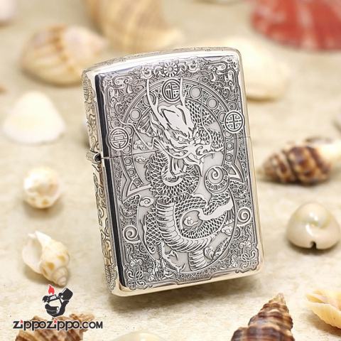 Bật lửa Zippo  Bạc nguyên khối cao cấp khắc hình Rồng Châu Á