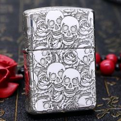 Bật Lửa Zippo Bạc Nguyên Khối Cao Cấp Khắc Năm Mặt Đầu Lâu Hoa Hồng Vỏ Mỏng - Mã SP: ZPC2946