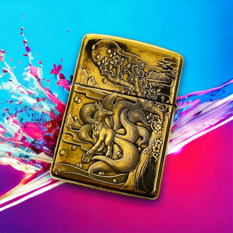 BẬT LỬA ZIPPO BẢN ĐỒNG TRƠN KHẮC HÌNH 3D HỒI LY 9 ĐUÔI SIÊU SẮC NÉT