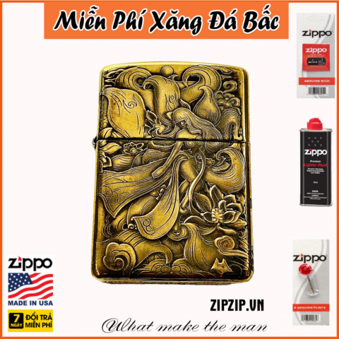 BẬT LỬA ZIPPO BẢN ĐỒNG TRƠN KHẮC HÌNH 3D HỒI LY 9 ĐUÔI SIÊU SẮC NÉT