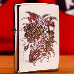 Bật Lửa Zippo Chính Hãng Khắc Hình Cá Rồng Bên Hoa Sen Với Phối Màu Độc Đáo Bản Chrome - Mã SP:  ZPC2471-250MX