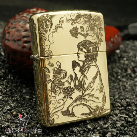Bật Lửa Zippo Đồng Khắc Hình Cô Gái Chắp Tay Cầu Nguyện