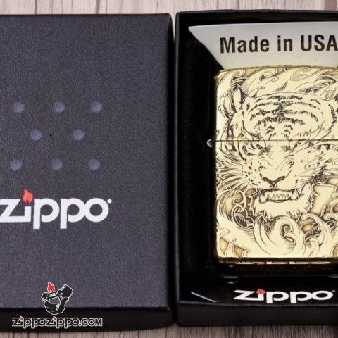 Bật lửa Zippo đồng khối khắc Hổ và móng vuốt Amor