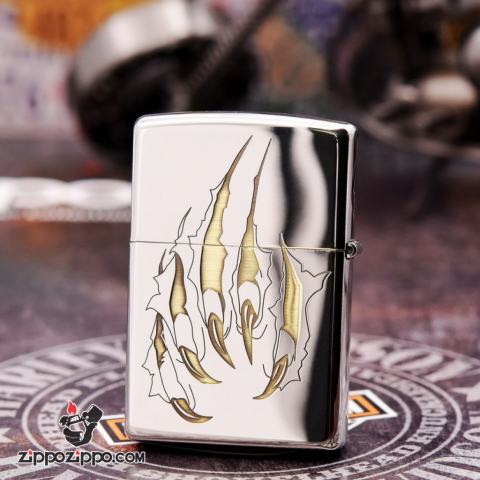 Bật lửa Zippo đồng khối khắc Hổ và móng vuốt Bản Chrome