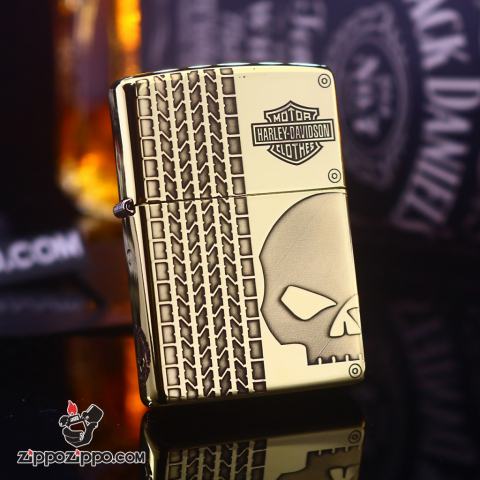 Bật lửa Zippo đồng khối khắc skull moto Harley Davidson Bản Amor