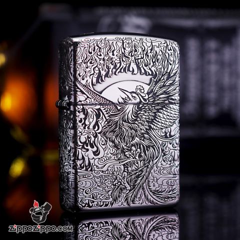 Bật lửa Zippo phiên bản Bạc nguyên khối Chạm Khắc Chim Phượng Hoàng Bản Armor