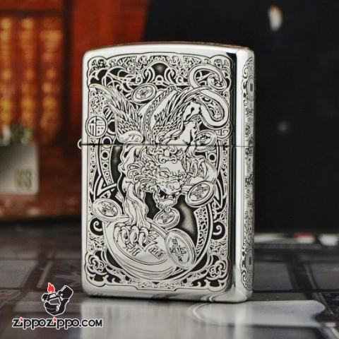 Bật lửa Zippo phiên bản Bạc nguyên khối khắc Tỳ Hưu