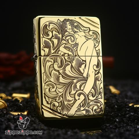 Zippo Chính Hãng Đồng Tái Bản vintage Khấc Cô Gái Trên Hoa Văn Arabesque